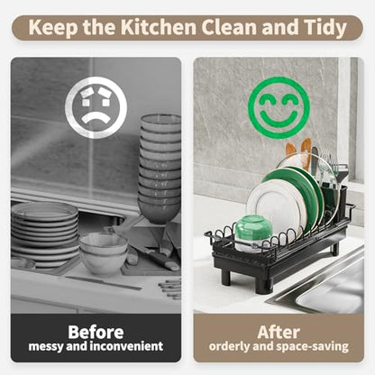 Expandable Over Sink Dish Rack, Small Dish Drying Rack with Drip Tray - color: Deepblack