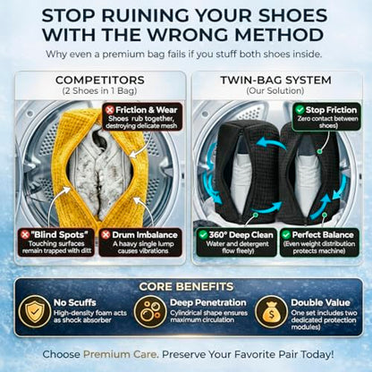 Shoe Washing Machine Bag 2 Pack for Washer & Dryer – Thick Padded Sneaker Laundry Bags with Mesh Panels & Zipper, Protective Shoe Washer Bag for Running & Gym Shoes (Black) - color: Black