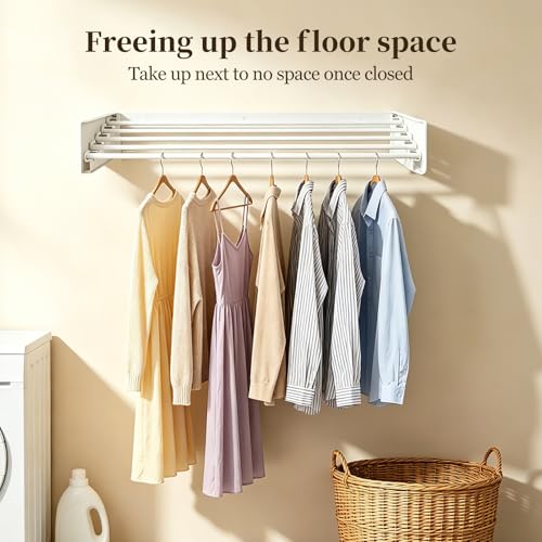 Wall Mounted Foldable Clothes Drying Rack Carbon Steel 5 Rods, Space-Saving Laundry Drying Rack with Wall Template (1, White, 19.69") - color: White, size: 19.69"