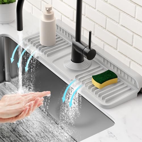 14.6 inch Faucet Mat for Kitchen Sink Splash Guard[7° Slope Fast Self-draining][Snap Lock Fit] Kitchen Sink Area Water Splash Guard Behind Faucet Draining Mat - color: Light Gray, size: 14.6" x 5.5"
