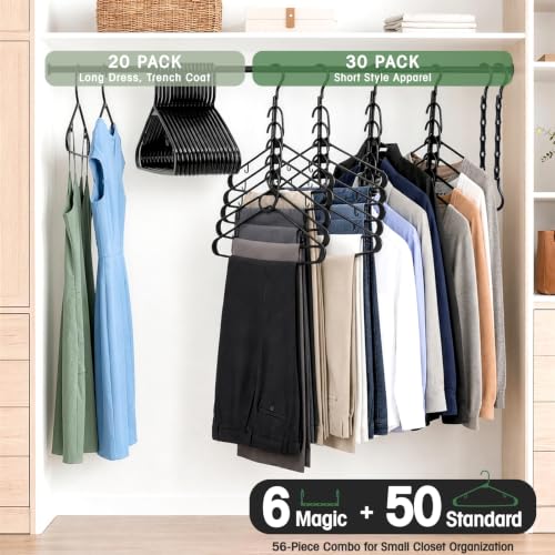 HOUSE DAY Space Saving Hangers 6 Pack with 50 Pack Plastic Hangers, Black - color: Black, size: 56 Pack