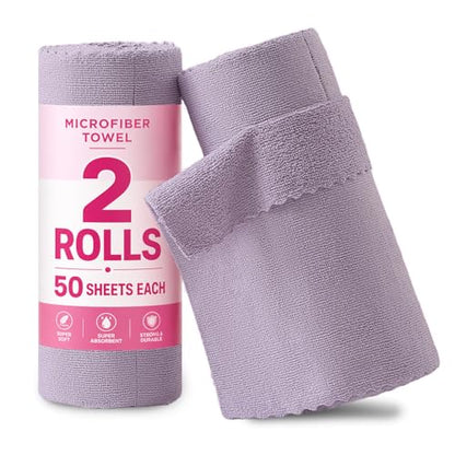 Jessy Home 2 Roll Reusable Paper Towels,100 Sheets Tear Away Microfiber Cleaning Cloth, Lint Free Cleaning Rags for Kitchen, Dishcloth,Household Cleaning Supplies - color: Light Purple