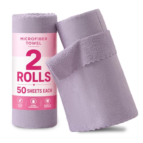 Jessy Home 2 Roll Reusable Paper Towels,100 Sheets Tear Away Microfiber Cleaning Cloth, Lint Free Cleaning Rags for Kitchen, Dishcloth,Household Cleaning Supplies - color: Light Purple
