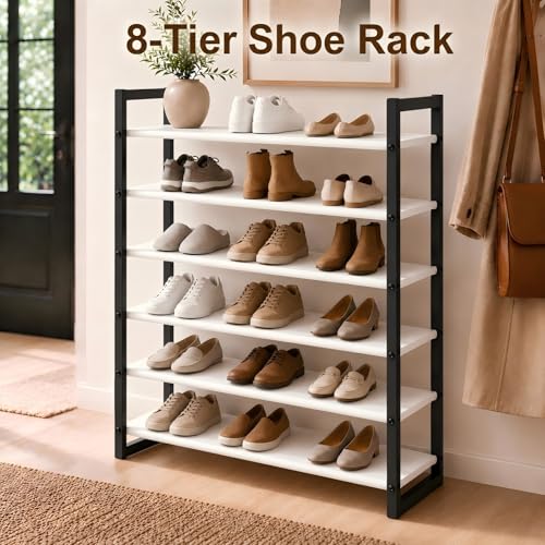 8-Tier Tall Shoe Rack, Stackable Zero-Wobble Metal Frame with Screw-Fastened Joints, 11.8" Deep Heel-Friendly Non-Woven Shelves, Space-Saving Shoe Tower for Closet Entryway Bedroom - size: 8-Tier