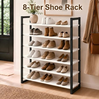 8-Tier Tall Shoe Rack, Stackable Zero-Wobble Metal Frame with Screw-Fastened Joints, 11.8" Deep Heel-Friendly Non-Woven Shelves, Space-Saving Shoe Tower for Closet Entryway Bedroom - size: 8-Tier