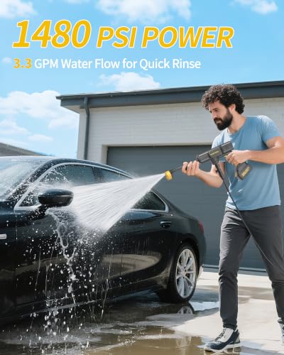 Cordless Portable Washer, 1480 PSI Battery Operated Washer with All-Copper Motor, Battery, 23FT Hose, Storage Bag; Handheld Washer; Lightweight Car Washer for Home, Garden (Titan Yellow) - color: Titan Yellow