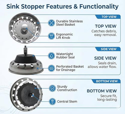 Gadgetime USA Premium Kitchen Sink Drain Strainer & Stopper Set – Dual-Function Stainless Steel Basket with Rubber Seal, Fits 3-1/2 Inch Standard Drains, Pack of 2