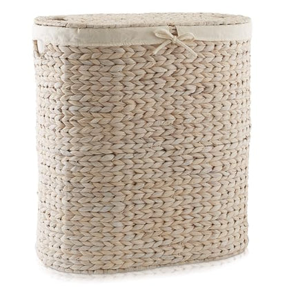 Casafield Oval Laundry Hamper with Lids and Removable Liner Bags - Whitewash White, Woven Water Hyacinth 2-Section Laundry Basket Clothes Sorter - color: Whitewash