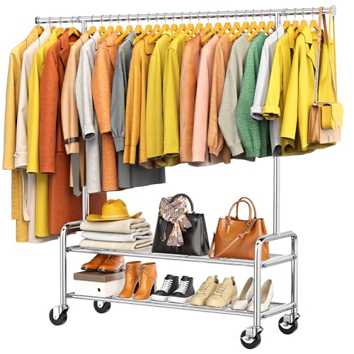 Upgraded 100% Stainless Steel Heavy Duty Clothes Rack with Shelves Loads 760 LBS, Commercial Clothing Rack with Larger & Sturdy Wheel, Adjustable Height & Rolling Garment Hanging Rack for Bedroom Dorm - color: Silver, style: 2 Shelves