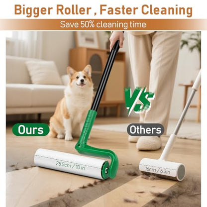 10" Large Lint Roller for Floor Carpet Pet Hair Extra Sticky with 4 Refills - color: Green With 3 Extra Refills