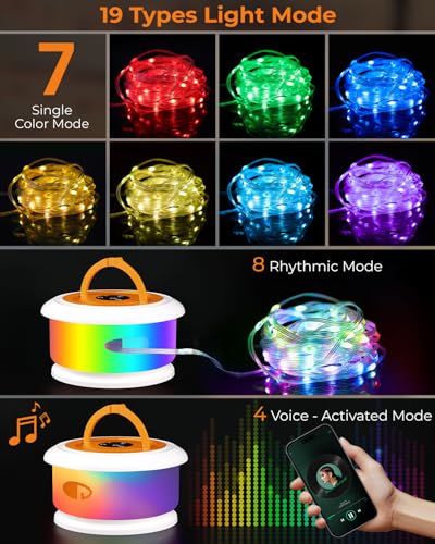 Camping String Lights, Retractable 32.8FT Rechargeable Fairy Light - color: White&Orange