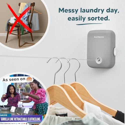 GorillaLine - Retractable Clothesline Indoor Outdoor Clothes Line - Heavy Duty Clothes Drying Laundry Line - Wall Mounted Drying Rack - Air Dry Clothing - color: Gray