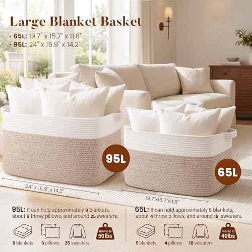 65L Large Woven Blanket Basket for Living Room, 19.7"x15.7"x11.8" - color: Brown & White, size: 19.7"x15.7"x11.8"