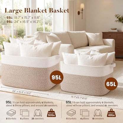 65L Large Woven Blanket Basket for Living Room, 19.7"x15.7"x11.8" - color: Brown & White, size: 19.7"x15.7"x11.8"