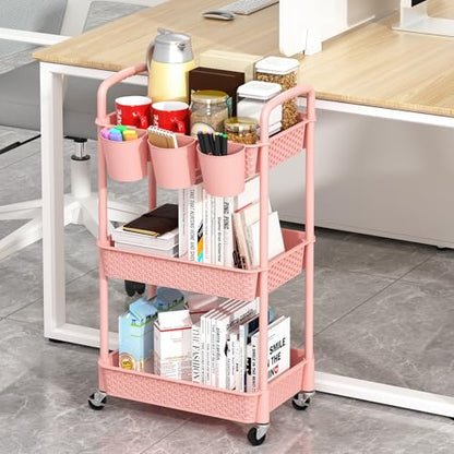 MOYIPIN 3-Tier Plastic Rolling Utility Cart with Handle,Pink - color: Pink, size: 3-Tiers with cups