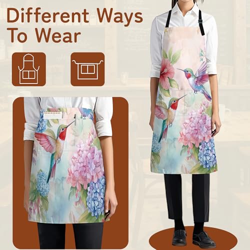 Cooking Aprons for Men and Women,Adjustable Bib Chef Apron with 2 Pockets, Soft and Durability Kitchen Apron - color: Hummingbird Pink Flower