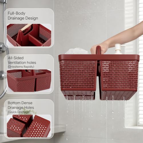 UUJOLY Portable Plastic Shower Caddy Basket with Wooden Handle, Red - color: Red