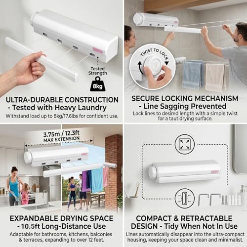 Retractable Clothesline Kit Telescopic Multiple Ropes Clothes Line, Clothes Drying Rope Hanger for Indoor Outdoor Supplies, Automatic Wall Mounted Retractable Clothes Drying Rack - size: Four ropes