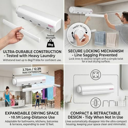 Retractable Clothesline Kit Telescopic Multiple Ropes Clothes Line, Clothes Drying Rope Hanger for Indoor Outdoor Supplies, Automatic Wall Mounted Retractable Clothes Drying Rack - size: Four ropes