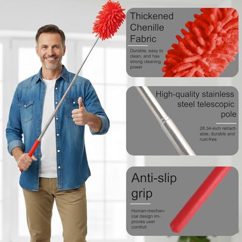 Microfiber Feather Duster with 29 in Telescoping Pole and Bendable Head for Ceiling Fans, Ceilings, Blinds, Furniture and Cars, Red - color: Red