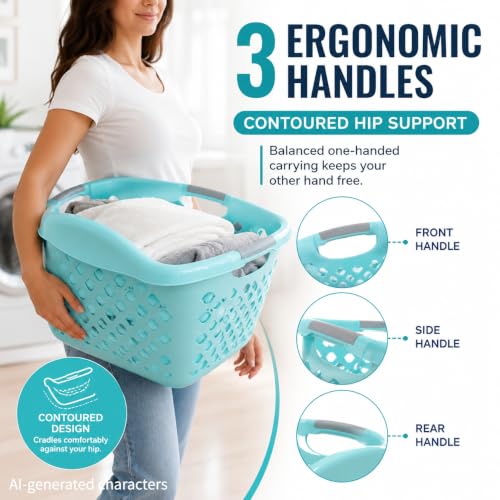 Teal Laundry Basket 9.3 Gal with 3 Handles, Durable Resin - color: Light blue 1pc