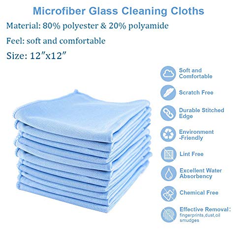 Microfiber Glass Detailing Cleaning Cloths-10 Pack (12" x 12")-Streak Free-Lint Free-Quickly Clean Windows,Mirrors,Windshield, Computer Screen,TV Tablets and Dishes