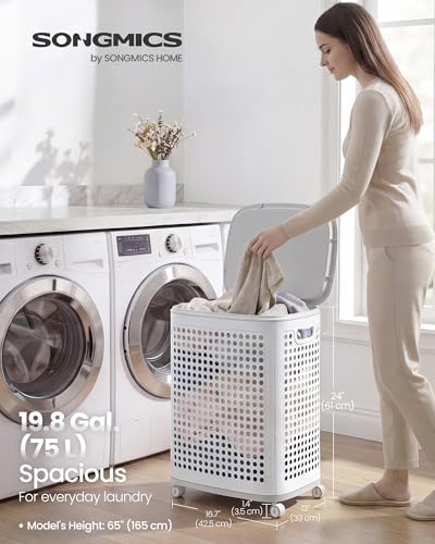SONGMICS Laundry Hamper with Wheels, 75 L Laundry Basket with Lid - color: White + Gray, size: Lid and Wheels