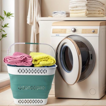 SAMMART 40L (10.5 Gallon) Collapsible Plastic Laundry Basket with Handles - Foldable Pop Up Storage Container/Organizer - Portable Laundry Hamper - Space Saving (1, White/Celadon Green) - color: White/Celadon Green