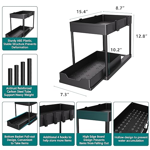 Under Sink Organizer, 2‑Tier Pull‑Out Cabinet Storage for Bathroom Kitchen - color: Black