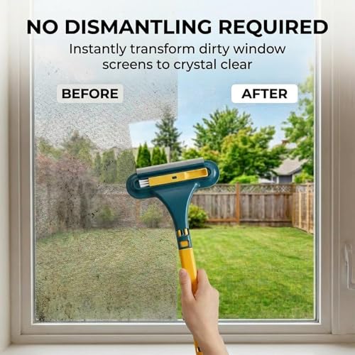 Window Screen Cleaner, 2 in 1 Detachable Window Cleaning Brush with Squeegee, Mesh Screen Cleaner, Wet Dry Dual-Use Multi-Functional Glass Net Cleaner Tool for Patio, Door, Porch Screens (Blue)