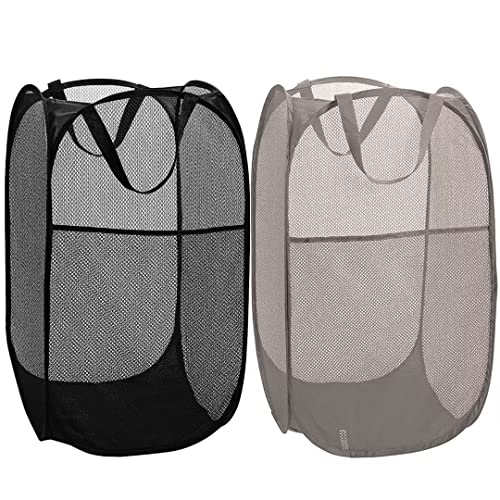 BATTOO Deluxe Strong Mesh Pop up Laundry Hamper Basket with Side Pocket Foldable Hamper for Laundry Room, Bathroom, Kids Room, College Dorm or Travel Black + Grey - color: Black+Grey