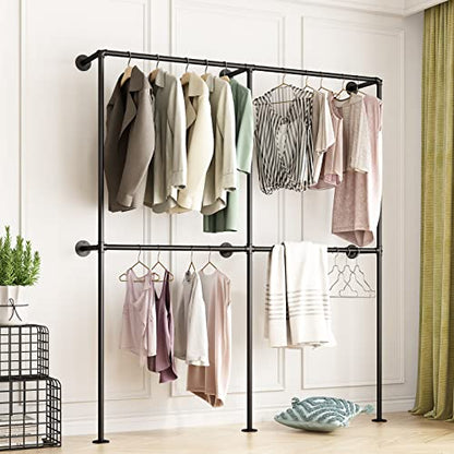 Industrial Pipe Clothing Rack Wall Mounted,Clothes Racks with Double Hanging Rods for Closet Storage(Black) - size: 71"L-Black