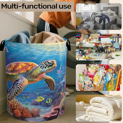 Sea Turtle Large Clothes Hamper Bag - Laundry Basket with Handles, Space Saving Foldable Design for Nursery - color: Sea Turtle