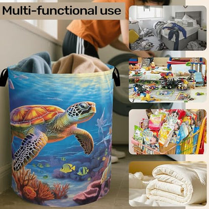 Sea Turtle Large Clothes Hamper Bag - Laundry Basket with Handles, Space Saving Foldable Design for Nursery - color: Sea Turtle