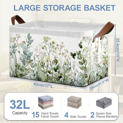 Wildflowers Herb Plants Storage Baskets,Foldable Large Capacity Organizer Bins with Waterproof Lining and Leather Handles for Closet,Shelf,Bedroom 17x11.5x10Inch - color: Wildflowers Herb Plants