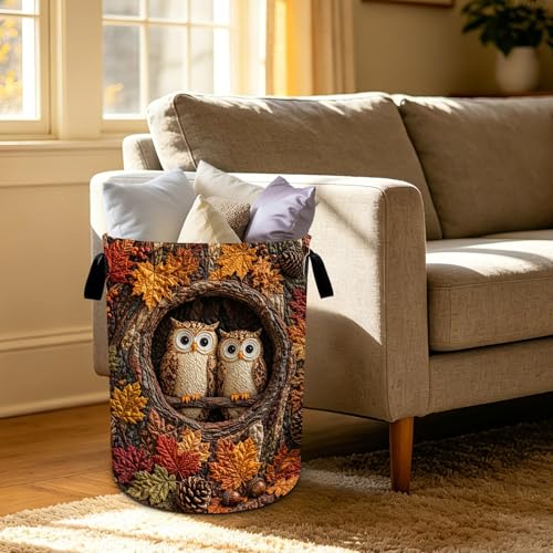 Owl Print Laundry Basket Foldable Oxford Laundry Hamper With Handle For Room Bathroom Bedroom - color: Owl