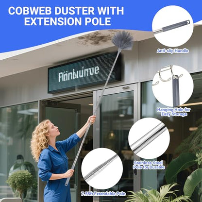 7.55ft Cobweb Duster with Extension Pole - Web Pole Compatible with Delta Dust, Web Brush for Apply Powder Duster to Hard-to-Reach Area, Telescoping Corner Dusters for High Corner and Wall Void