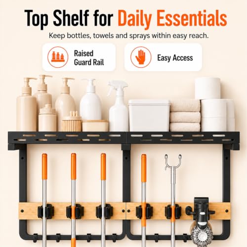Large Broom Holder and Mop Organizer Wall Mount with Shelf - size: Large