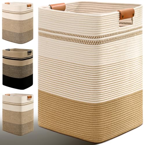 Laundry Hamper, 105L Tall Laundry Basket with Leather Handles, Rectangle Large Clothes Hamper for Organizing, Cotton Woven Laundry Baskets Storage Hampers for Bedroom, Nursery, Living Room - color: Jute & White, size: 105L
