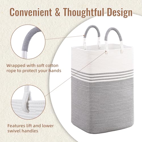 Laundry Basket Hamper,Blanket Storage,Dirty Clothes Hamper with Swivel Handles,Woven Cotton Rope Toy Baskets,Blanket Basket Living Room,Decorative Hampers for Nursery,Bedroom,White & Gray,100L - color: White & Gray, size: 100L