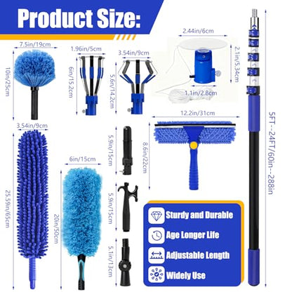 30FT High Ceilings Cobweb Dusters for Cleaning Kit with Extension Pole - color: Blue, size: 24 feet