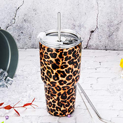 30oz Leopard Tumbler Stainless Steel Insulated Travel Mug with Straw Lid Cleaning Brush (30 oz Leopard), 1 Count (Pack of 1) - color: Leopard