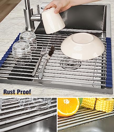 Tomorotec Roll Up Dish Drying Rack Over Sink, 304 Steel, 17.7x12.5, Indigo - color: Indigo, size: 17.7 x 12.5 in