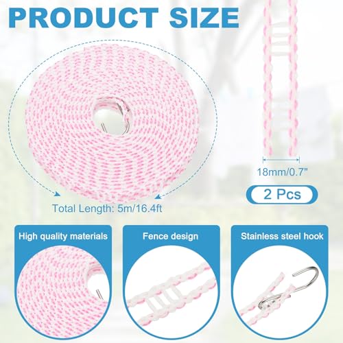 uxcell 2 Pcs Portable Travel Clothesline, 16.4ft Clothes Line Outdoors Travel Hanger Foldable Clothesline Rope with Hooks for Camping Hotel Backyard Home Cruise Ship, Pink - color: Pink, size: 5m/16.4ft