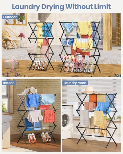APEXCHASER Oversize 3-Tier Clothes Drying Rack, No Install, Black - color: Black