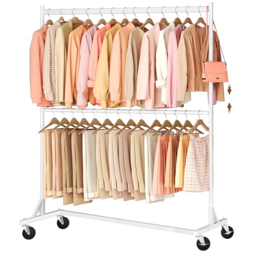 Hoctieon Double Rod Z Rack, Rolling Clothes Racks with Z-Base, Adjustable Clothing Rack, Standing Clothes Rack, Metal Clothing Racks for Hanging Clothes, Portable Garment Rack, White - color: White (1 Pack)