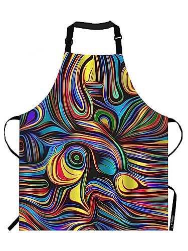 EKOBLA Abstract Pattern Aprons Colorful Wavy Lines Modern Art Bright Curl Wave Waterproof Resistant Chef Cooking Kitchen BBQ Adjustable Aprons for Women Men 27x31 Inch - color: Multi-a121