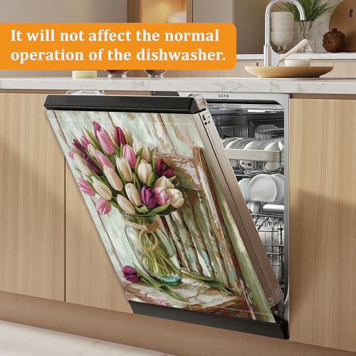 Vintage Tulips Jar Dishwasher Cover Magnet, 23 x 26 Inch Trimmable Magnetic Sticker for Dishwasher Front Panel, Easy Clean Decor for Fridge - color: Vintage Tulips Jar
