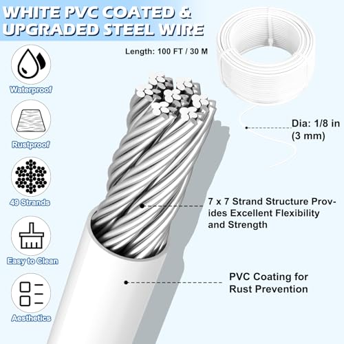 1/8" Clothesline Wire Kit, 100 ft PVC Coated Galvanized Steel Cable