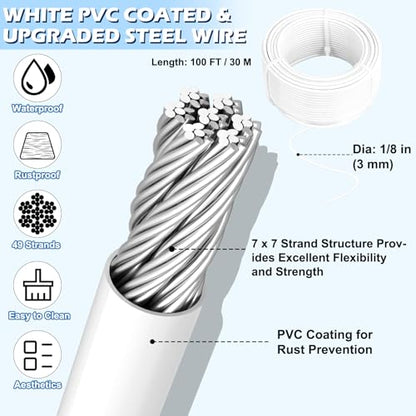 1/8" Clothesline Wire Kit, 100 ft PVC Coated Galvanized Steel Cable